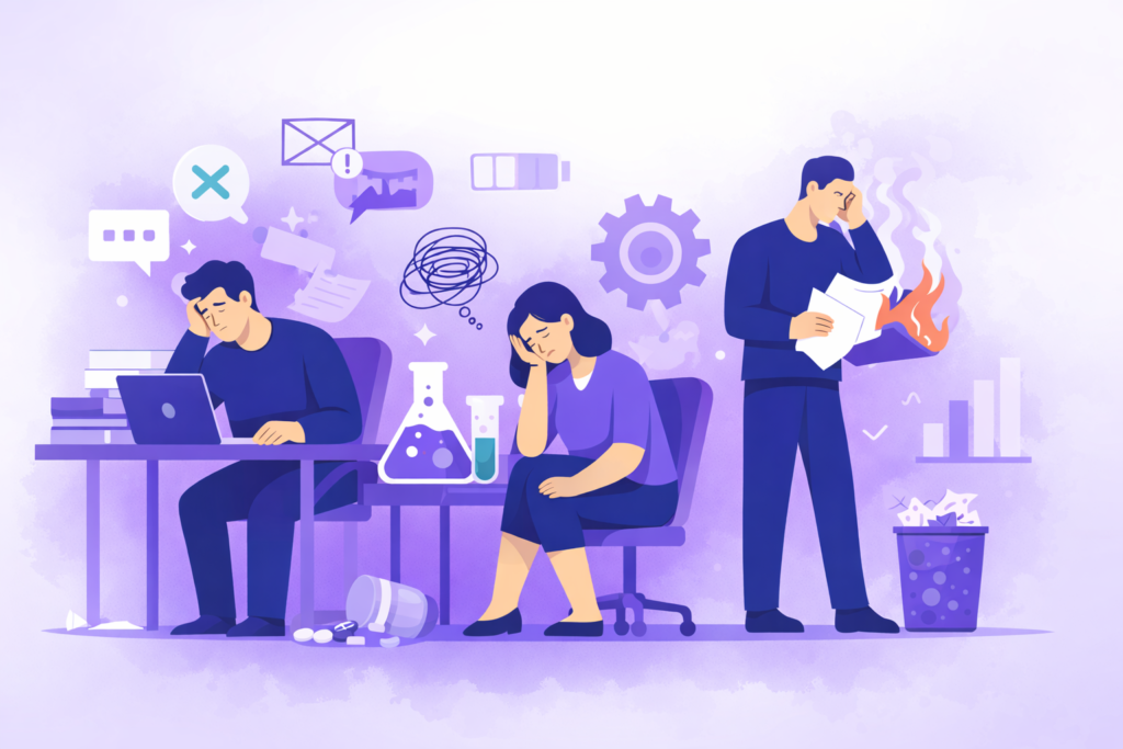 ilustração burnout no trabalho com pessoas sobrecarregadas