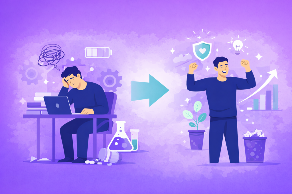 ilustração de um antes e depois de uma empresa com casos de burnout e sem casos de burnout